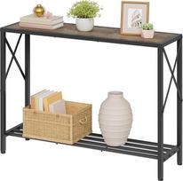 "Tajsoon Console Table", 2 pakopų pramoninis įėjimo stalas, siauras sofos stalas su lentynomis įėjimui, prieškambariui, svetainei, fojė, prieškambariui, biurui, pilka ir juoda