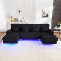 "U-Sofa" su LED aplinkos apšvietimu, kampinė sofa su miego funkcija, sofa-lova su 4 prabangiomis pagalvėlėmis, ergonomiška sofa-lova svetainei / miegamajam, medžio masyvo rėmas, 265 cm, juoda
