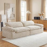 "Vesgantti" 3-vietė sofa be kaulų 260 cm, gili pilnavidurė sofa, 64 cm sėdynės gylis, laidinė sofa su išlenktais porankiais, patogi svetainės sofa, nereikia surinkti, smėlio spalvos