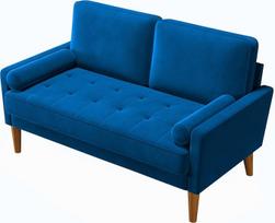 "Vesgantti" dvivietė sofa, velvetinė maža sofa su 2 pagalvėlėmis, moderni mini sofa, siūtos mažos sofos svetainei, miegamajam, biurui, butui, 121 x 77 x 87 cm, mėlyna