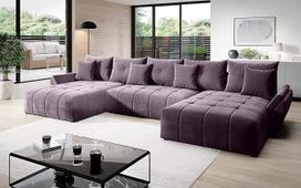 "Vigo Velvet Monolith" U formos kampinė sofa, 382 cm x 190 cm, sofa-lova su lovos dėže, sofa su laikymo vieta ir pagalvėlėmis, sofa su miego funkcija, išskleidžiama sofa-lova, spalva: (M-62), violetinė (M-62)