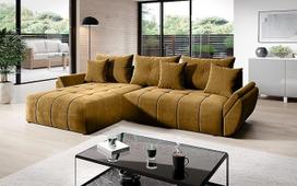 "Vigo Velvet Monolith" kampinė L formos sofa 280 cm x 190 cm - sofa-lova su lovos dėže - sofa su laikymo vieta ir pagalvėlėmis - sofa su miego funkcija - išskleidžiama sofa-lova - spalva: Auksinė (M-48)