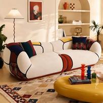 "Vipbear Boneless Sofa Chenille", 265 cm ilgio 3 vietų modulinė sofa su bohemiško stiliaus pagalvėlėmis, išlenkta boho sofa gyvenamajam kambariui, plokščiai supakuota sofa lova, nereikia surinkti
