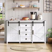 "Vintage Coffee Bar Sideboard", šoninė spintelė su laikymo vieta, plati šoninė spintelė su stumdomomis durelėmis ir 4 stalčiais, tinka virtuvei, valgomajam ir svetainei, balta, 137 x 40 x 81,5 cm