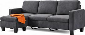 "Xbro" kampinė L formos sofa, 3 sėdimos vietos su šezlongu, maža kampinė sofa iš medvilninio lino mišinio, "Cord Cloud Sofa", 188 x 136,5 x 89 cm, tamsiai pilka