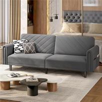 "Yaheetech" dvivietė sofa su miego funkcija, 200 cm pločio sofa lova, sofa lova su 3 reguliuojamais kampais, idealiai tinkanti svetainei, tamsiai pilka