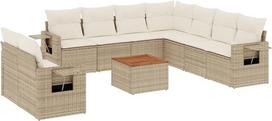 10-TLG. Garten-Sofagarnitur Beige Poly Rattan Lounge Set mit Akazienholztisch 55x55 cm Sitzgruppe Outdoor modular für Balkon Terrasse Garten