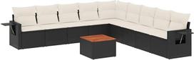 10-TLG. Garten-Sofagarnitur Schwarz Poly Rattan 55x55 cm Akazienholztisch klappbare Armlehnablagen Modernes Lounge-Set für Terrasse Balkon Innenhof
