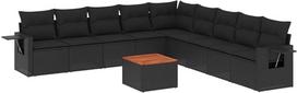 10-TLG. Garten-Sofagarnitur Schwarz Poly Rattan 62x62x69 cm mit Akazienholz-Tisch Robustes Lounge-Set modulare Outdoor-Sitzgruppe platzsparend für Balkon Terrasse und Garten