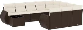 11-TLG. Gartenlounge komplektas Braun Poly Rattan Ecksofa & Mittelsofa Hartglas-Tisch 55x55x37 cm Cremeweiße Kissen Balkon Terrasse