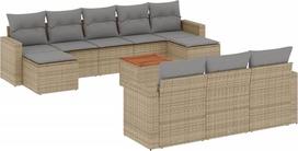 11-TLG. Gartensofa Set Beige Poly-Rattan mit Akazienholztisch 55x55 cm Modernes modulares Lounge Möbel Set für Terrasse Balkon und Innenhof