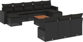 11-TLG. Schwarze Poly-Rattan Garten-Sofagarnitur 55x55 cm Akazienholz-Tisch Modernes Lounge-Set für Balkon Terrasse Garten