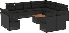 13-teilige Garten-Sofagarnitur Schwarz Poly Rattan mit Akazienholz-Tisch 62 x 62 cm modulares Outdoor Lounge Set für Terrasse Balkon und Innenhof