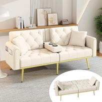 2 vietų sofa-lova su atlenkimo funkcija ir 3 reguliuojamais pasvirimo kampais, 2 vietų sofa-lova su kniedžių dizainu ir gėrimų laikikliu, sofos svetainės sofa, aksomas, smėlio spalvos