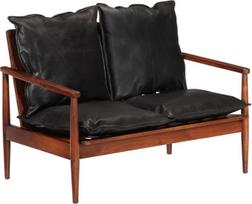 2 vietų sofa, juoda natūrali oda ir akacijos medžio masyvas, svetainės sofa, svetainės baldai sofoms ir sofoms, puikus jūsų svetainės ar svečių kambario priedas