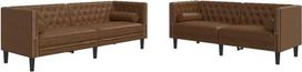 2-TLG. Chesterfield Sofa Set Braun in Wildleder-Optik aus Mikrofaser mit Knopftuft, Nackenrollen und stabilen Beinen
