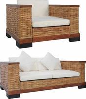 2-TLG. Ratano sofos komplektas Braun Creme, 155 cm Breites Zweisitz-Sofa & 94 cm Relax-Sessel aus Mangoholz mit abnehmbaren Auflagen, Modernes Design für Wohnzimmer Terrasse kleine Räume
