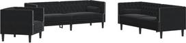 3 dalių juodo aksomo sofos komplektas svetainei, 3 sėdimų vietų ir 2 sėdimų vietų sofa, Česterfildo kėdė ir pagalvėlė