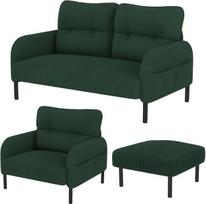 3 dalių modulinis aksominis sofos komplektas, 2 sėdimos vietos, ergonomiškas fotelis ir taburetė, šoninė kišenė, tvirtas metalinis ir medinis rėmas, puikiai tinka svetainei ir mažoms erdvėms