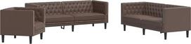 3 dalių rudos spalvos dirbtinės odos sofos komplektas svetainei 3 vietų 2 vietų sofa ir "Chesterfield" fotelis