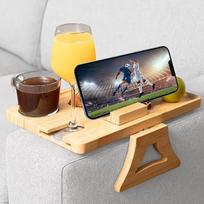 3-in-1 Couch-Tablett aus Bambus mit Silikonfutter Weinglashalter, Becherfach und rutschfestem Telefonständer