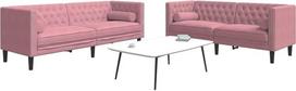 3-TLG. Chesterfield Sofa Set rosa Samt mit Nackenrollen, Chesterfield Sofagarnitur rosa Samt, Sofa Set mit Nackenrollen