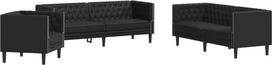 3-TLG. Chesterfield Sofa Set Schwarz Kunstleder mit Knopftuft, dick gepolsterten Sitzflächen und stabilen Beinen - Bequeme Couch Garnitur für Wohnzimmer