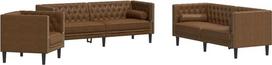 3-TLG. Chesterfield Sofa Set Braun in Wildleder-Optik mit Mikrofaserstoff, fleckenresistent und dick gepolstert für bequemes Sitzen, inklusive Nackenrollen