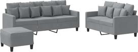 3-TLG. Sofagarnitur mit Kissen Hellgrau Stoff, strapazierfähiges Sofa-Set mit dick gepolsterten Sitzflächen, Armlehnen und Rückenkissen, Robustes Gestell aus Sperrholz und Metall,