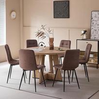 7 dalių 120 cm apvalus valgomojo stalas ir 6 dirbtinės odos valgomojo kėdės, stalas ir 6 kėdės virtuvei, svetainei, balkonui, restoranui, biurui (šviesaus medžio spalva + tamsiai ruda)