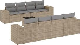 9-teilige Garten-Sofagarnitur Beige Poly-Rattan inkl. Kissen 55x55 cm Robustes Glas-Tischchen modular Lounge-Set für Terrasse Balkon und Patio