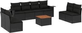 9-teiliges Gartensofa Set Schwarz Poly Rattan 110 kg Belastbarkeit klappbare Armablagen Akazienholztisch Modular für Balkon Terrasse und Innenhof
