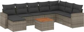 9-TLG. Garten-Sofa Set 62x62x69 cm Poly-Rattan Grau mit Akazienholztisch und dicken Kissen, modulare Outdoor Lounge für Terrasse Balkon und Innenhof