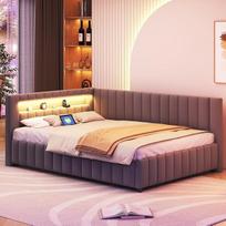 ANIROY L formos sofos lova 140 x 200 cm, aksominio audinio minkšta lova Dienos lova Sofa lova su LED ir USB, dvigulės lovos rėmas su skersiniais ir atlošu (tamsiai pilka A)