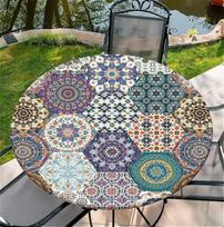 Apvali lauko staltiesė, vandeniui atspari elastinga staltiesė su elastine juosta, Boho Mandalos raštas sodui, restoranui, idealiai tinka 140 cm - 150 cm