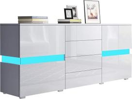Aukšto blizgesio baltos spalvos komoda su 2 durimis, 4 stalčiais ir LED apšvietimu 177 cm