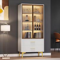 Baltos spalvos šoninė spintelė su LED apšvietimu, vitrina su stiklinėmis durelėmis ir 2 stalčiais, stiklinė spintelė svetainei, miegamajam (balta, 70 x 35 x 150 cm)