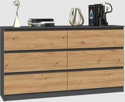 BDW - Komoda 140, Malwa M6 - Komoda su 6 stalčiais - 140 cm - Svetainei, miegamajam ar biurui - Paprastas ir minimalistinis dizainas - Antracitas / ąžuolas "Artisan