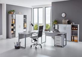 Biuro baldų komplektas "Study Office Edition", šviesiai pilkos/baltos spalvos, blizgus (komplektas 5)
