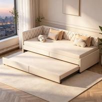 BRILVERDE Kampinė sofa 90 x 200 cm, išskleidžiama sofa lova, sulankstoma sofa su skersiniu rėmu, sofa lova su miego funkcija, išskleidžiama sofa lova, svečių lova, aksominis audinys, smėlio spalvos (čiužinys neįskaičiuotas)