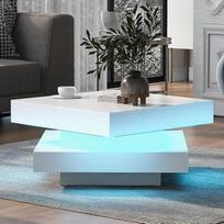 BTM baltas kvadratinis blizgus kavos staliukas su besisukančiu stalviršiu, modernus techno stilius, 16 spalvų LED apšvietimas, 70 x 70 x 36 cm