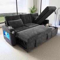 BTM L formos kampinė sofa su miego funkcija ir lovos dėže, sofa lova su laikymo vieta, LED apšvietimas Svetainės sofa pilka