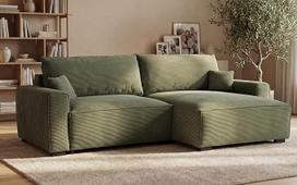 BUDWING Lauren 3-vietė sofa-lova - dvipusis šezlongas su daiktadėže - modernus dizainas, patvarus audinys 380 g/m² - 269 x 158 x 96 cm - miško žalia