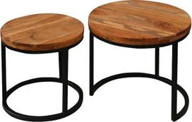 byLIVING "Selma" kavos staliukas 2 staliukų komplektas Akacijų natūralaus medžio masyvo metalinis rėmas, padengtas juoda milteline danga W 50, H 45, D 50 cm, W 40, H 40, D 40 cm