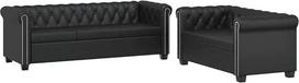 Chesterfield Couch Set mit Knopfheftung, 2-Sitzer und 3-Sitzer Kunstleder Sofa Set in Schwarz mit Nietenverzierung und geschwungenen Armlehnen, dick gepolstert und strapazierfähig
