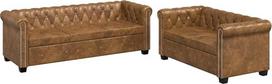 Chesterfield-Sofa-Set 2-Sitzer und 3-Sitzer Braun mit Knopfheftung und Nietenverzierung, Kunstleder-Sofa mit geschwungenen Armlehnen, dick gepolsterter Sitz, pflegeleicht