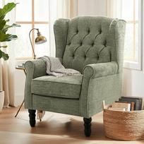 COLAMY Vidurio amžiaus modernus svetainės fotelis, paminkštintas "Wingback" fotelis su sagų dygsniavimu, poilsio kėdės užvalkalas iš audinio su medžio masyvo kojomis, skirtas svetainei, biurui, kavinei - žalias