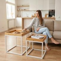 Couchtisch 2er Set - Quadratische Beistelltische aus Bambus & weißem Metall, Nesting Tables, 40 & 35 cm, platzsparend, für Wohnzimmer, Balkon, Schlafzimmer - Landhausstil mit erhöhtem Rand