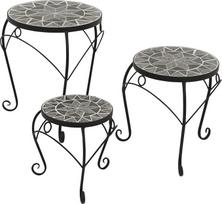 DEGAMO Siena šoninių staliukų rinkinys iš 3 apvalių 21/27/32 cm juodos spalvos metalinio rėmo keramikos stalviršio mozaikos pavidalo pilka/balta spalva lauke ir viduje