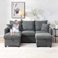 Daugiafunkcinė kampinė U formos sofa su trimis sėdimomis vietomis, minkšta sofa su laikymo funkcija - su stalčiais + taburetė su laikymo skyriumi, modulinis išardomas sofos komplektas su miego funkcija (tamsus)